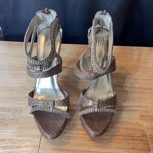 Pelle Moda Taupe Snakeskin Rhinestone Platform Stiletto Sandals Heels Size 11M